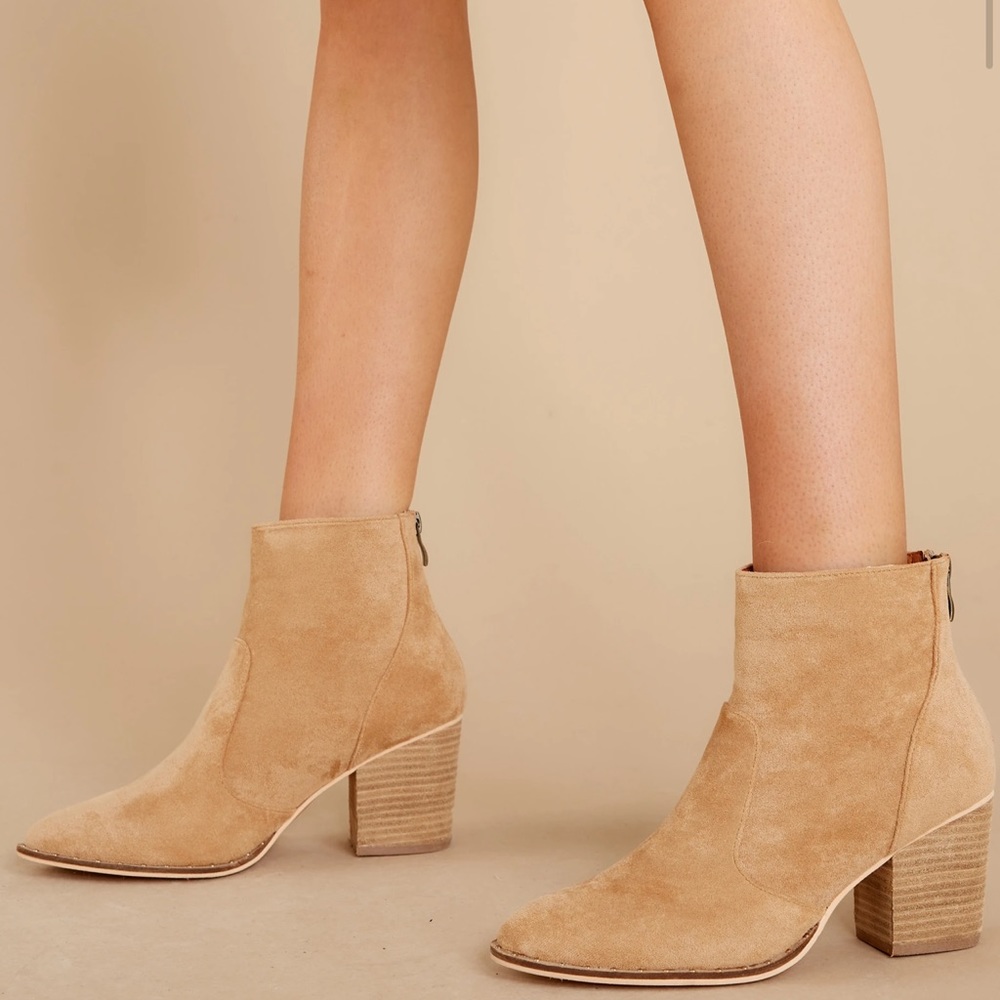 Red dress - Tan ankle boots